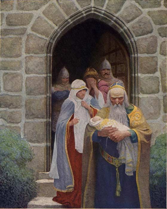 Illustration: Merlin taking away the infant Arthur - "So the child was delivered unto Merlin, and so he bore it forth."