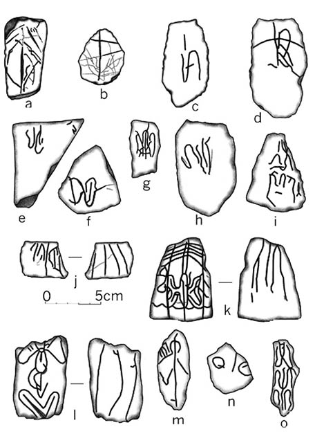 Drawing of some of the portable rock art found at Boca de Potrerillos. (Herbert H. Eling)