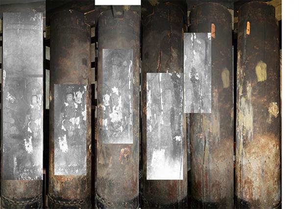 The Buddhist art was discovered by taking infrared images of the temple’s columns. (Noriaki Ajima and Yukari Takama)