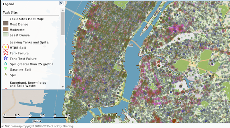 Caveat: Spill maps are good for earth pollution studies, but do not always accurately indicate present active hazards. There is a political element. For assertive discussion, Example 1: The green area is high-value real-estate in Manhattan, on the east side, Stuyvesant Town, 11,000 apartment buildings. This is the former site of a manufactured gas plant (MGP), which in my opinion, should be designated a still hazardous Superfund Site (a risk if one lives near ground level). Example 2: Brooklyn Naval Yard is the former site of shipbuilders during WWI and WWII and further back in history for 400 years. It shows on the map as an area of relative non-concern. Example 3: Fifty refineries once operated near Greenpoint and Williamsburg (Brooklyn) during the pre-regulatory era. Chemical spills are the largest in US history. The map doesn’t represent the risks of that polluted earth appropriately.
