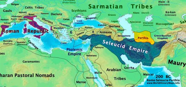 Rome, Parthia and Seleucid Empire in 200 BC. Soon both the Romans and the Parthians would invade the Seleucid-held territories and become the strongest states in western Asia. (Talessman / CC BY-SA 3.0)