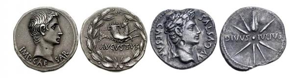 Left: Augustus silver denarius with Capricorn c. 16 BC courtesy of A. Marinescu, Vilmar Numismatics LLC Right: Augustus silver denarius with comet tail pointing upwards 19-18 BC courtesy of Roma Numististics