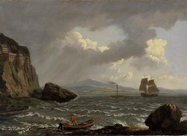 19th century painting showing Dumbarton Castle on the left. The castle attracted tourists and travelers visiting for day trips during the 1800s. (Public domain)