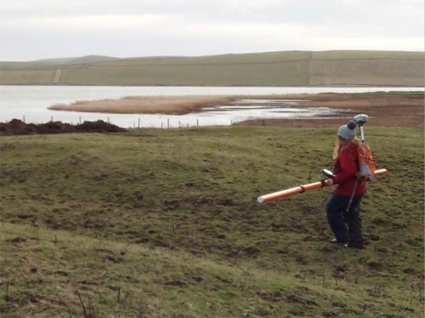 A researcher carrying out remote-sensing geophysical mapping on the Orkney Islands. (University of Saint Andrews)