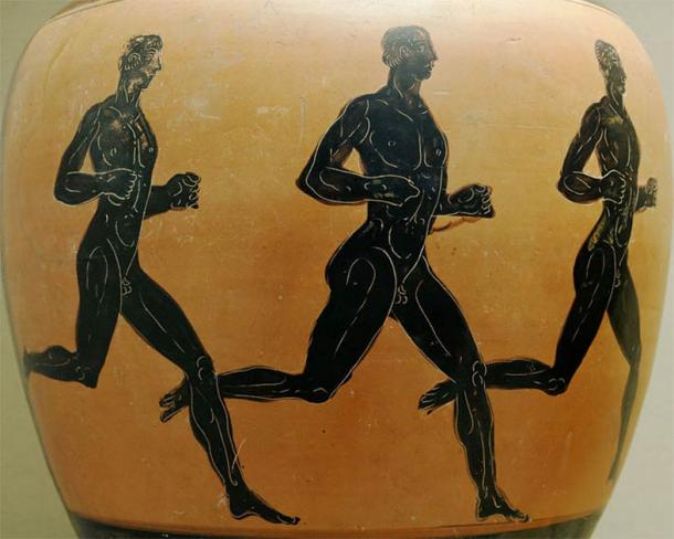 Three ancient Greek runners on a Panathenaic prize amphora at the British Museum. Olympic athletes are said to have competed in the nude as a symbol of Greekness, probably from the fifteenth Olympiad onwards. (British Museum / CC BY 2.5)