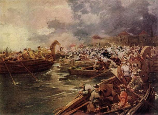 Curonians attacking Riga in 1210. (Public domain)