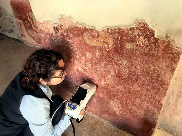 In this image a researcher is analyzing the stucco of a wall in the Quetzalpapálotl complex which resulted in the identification of plaster, a material that had also never been identified before in Mesoamerica. (Denisse Argote Espino / INAH)