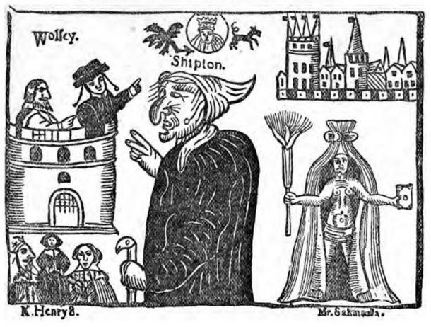Image of Mother Shipton and Cardinal Wolsey from ‘Mother Shipton investigated: the result of critical examination in the British Museum Library of the literature relating to the Yorkshire sibyl.’ (1881)
