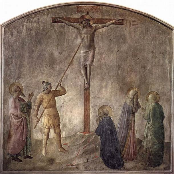 Fresco by Fra Angelico, Dominican monastery at San Marco, Florence, showing the lance piercing the side of Jesus on the cross (c. 1440) (Public Domain)