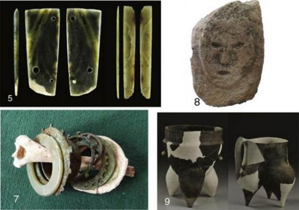 5: jade items found at East Gate; 7: jade and metal bracelets with a human arm bone found in a burial; 8: stone human head; 9: Shimao ceramics. (Zhouyong Sun et al. 2017)