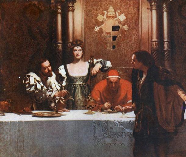 Cesare Borgia (his son), Lucrezia Borgia (his daughter), Pope Alexander VI and a young man with an empty glass. 