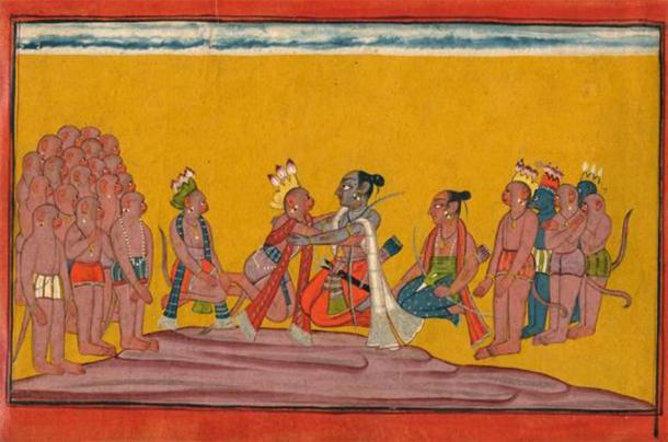 Rama embraces Sugriva on hearing the mighty deeds of the gathered Vanaras. (Credit: Simon Ray/Indian & Islamic Works of Art)
