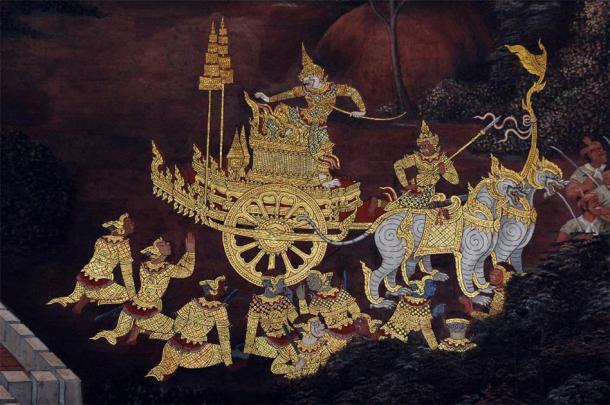 Hanuman on his chariot, a scene from the Ramakien in Wat Phra Kaew, Bangkok. (Public Domain)
