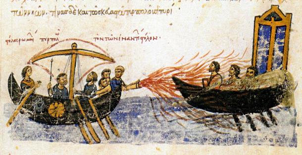 Greek fire was first used by the Byzantine Navy during the Byzantine-Arab Wars. (Public Domain)