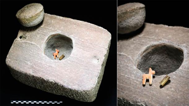 The offering inside its box: a miniature gold bracelet and miniature llama or alpaca (T. Seguin, Université libre de Bruxelles / Antiquity Publications Ltd)