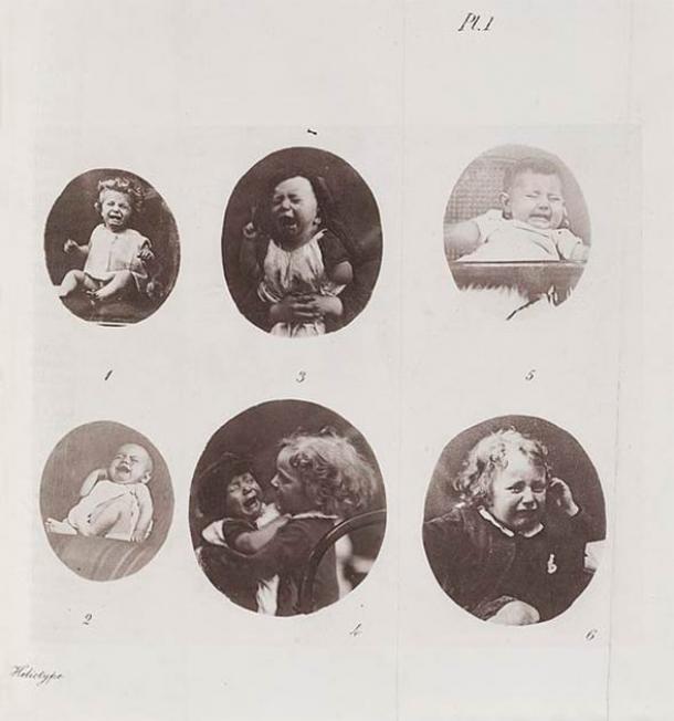 Expression of Suffering. Fold-out plate of weeping children and babies from Darwin's “The Expression of the Emotions in Man and Animals”, his third major work on evolutionary theory. (Wellcome Library / CC BY 4.0)