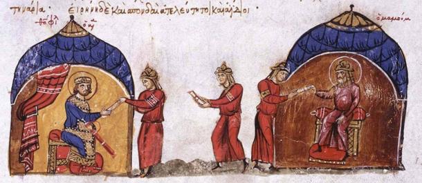Abbasid Caliph sends an envoy to the Byzatine Emperor Theophilos. (Public domain)