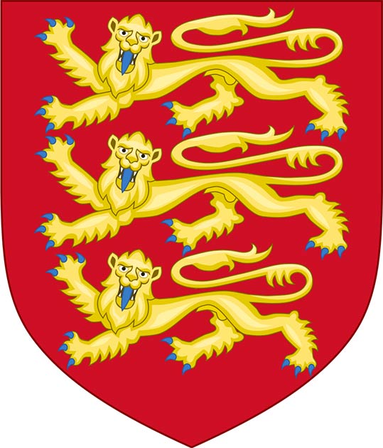 Illustration of the Plantagenet coat of arms, three gold lions on a red background. (See page for author / CC BY-SA 4.0)