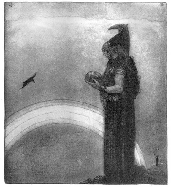 Odin speaks with Mimir’s head for the last time. (John Bauer)