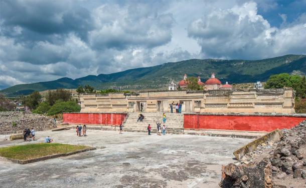 A section of the ruins in Mitla today with the church clearly visible on the northern edge of the city just beyond the primary entrance way. (javarman / Adobe Stock)