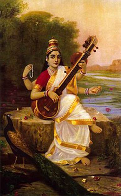 Painting of the Goddess Saraswati by Raja Ravi Varma. (Public Domain)