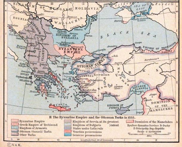 Map showing the Serbian Empire at the height of its power in 1355. (Public domain)