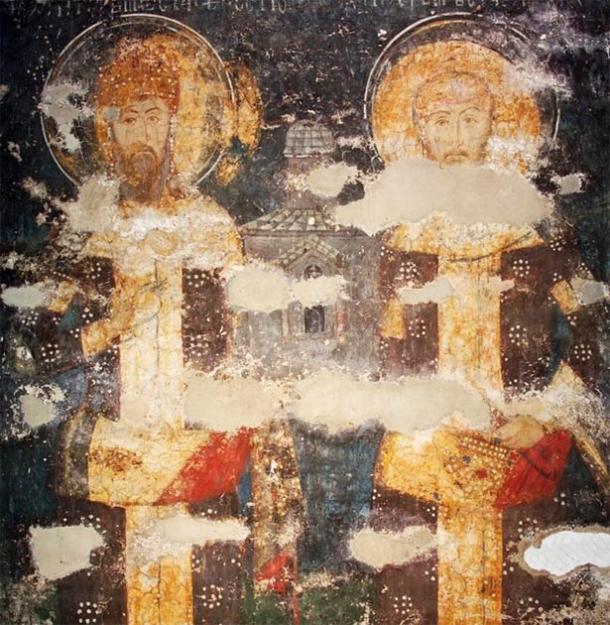 14th century fresco of father and son, Stefan Dečanski and Stefan Dušan, at Visoki Dečani monastery in Serbia. (Public domain)