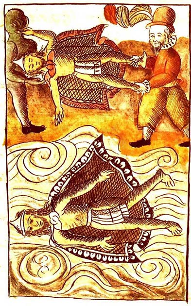 Spaniards disposing of the bodies of Moctezuma and Itzquauhtzin in the Florentine Codex. (Public Domain)