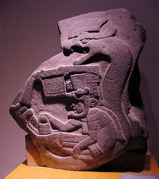 A photo of La Venta Stela 19, the earliest known representation of the Feathered Serpent in Mesoamerica. (Audrey and George Delange)