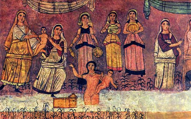Depiction of Moses being found by the river, from a fresco at the Dura Europos synagogue. The story is part of the Shemot, or the Book of Exodus. (Public domain)