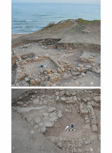 Structures at Tell el-Burak, area 3: a) plastered floor in room 1 of house 4, from the south-east; b) plastered floor in room 1 of house 4, from the north-west. (Courtesy of the Tell el-Burak Archaeological Project/Antiquity)