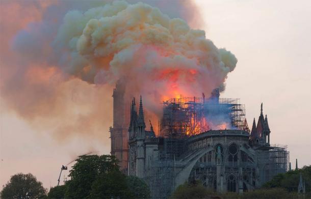 Notre Dame cathedral in flames, after a freak electrical fire in April 2019. (GodefroyParis / CC BY-SA 4.0)