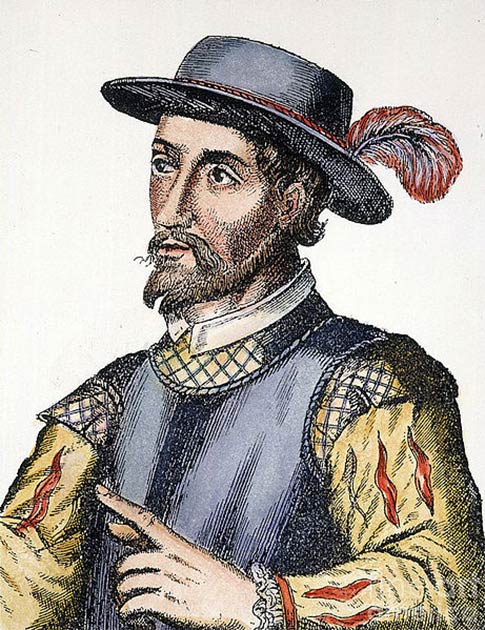 17th century Spanish engraving (colored) of Juan Ponce de León (Public domain)