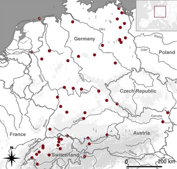 The authors of the paper researched and analyzed almost a hundred face-down (prone) medieval and post-medieval burials in Switzerland, Germany, and Austria. Their geographical distribution can be seen in the map above. Note that one site may contain sets of human remains discovered in prone position. (Jonas von Felten / PLOS One)