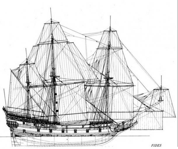 Reconstruction drawing of the warship FIDES, which was of approximately the same type of size as Delmenhorst. (N.M. Probst / The Viking Ship Museum)