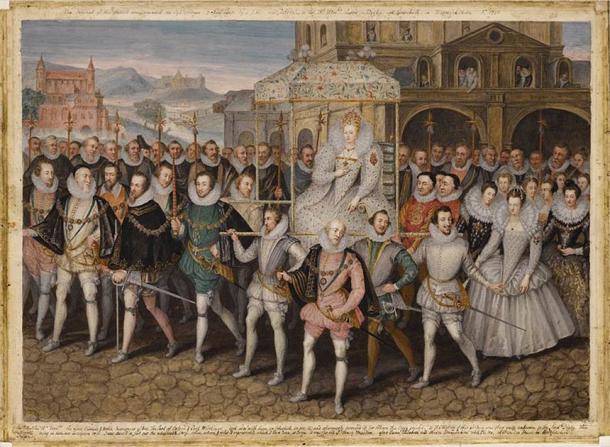 Queen Elizabeth I preceded by the Knights of the Garter. (Public domain)