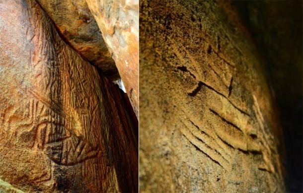 Left; Danigala Chithra Lena - Linear chamber entrance and left wall representing sections of the Petroglyphs, includes anthropomorphic figures. (Image © EASL | CCF-Polonnaruwa) Right; Left side wall of inner chamber representing anthropomorphic figures like human and a bow & arrow. (Image © EASL | CCF-Polonnaruwa)