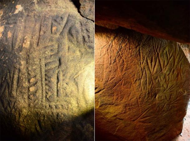 Left; Left side wall at the dead-end of the linear chamber representing anthropomorphic figures. Image © EASL | CCF-Polonnaruwa. Right; Left side wall at the dead-end of the linear chamber representing anthropomorphic figures. Image © EASL | CCF-Polonnaruwa