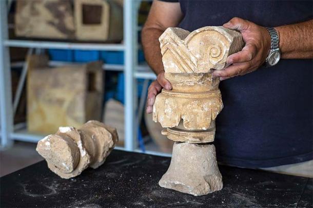 One of the finely carved baluster columns, likely from an ancient window, found at the excavation site. (Shai Halevi / Israel Antiquities Authority)