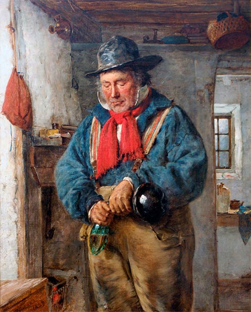 A man with a red scarf in a cottage pours poteen into a flask. (Erskine Nicol / Public domain)
