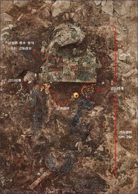 Grave artifacts, ranging from a gilt-bronze coronet to shoes, have been discovered in an elite Silla Kingdom tomb, likely built 1,500 years ago. (Korea Cultural Heritage Administration)