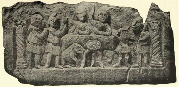 Mithraic communion, bas relief from Konjica, Bosnia showing Mithras and the sun god Sol feasting, lower rank initiates serving, four loaves of bread with crosses marked on them. (Public Domain)