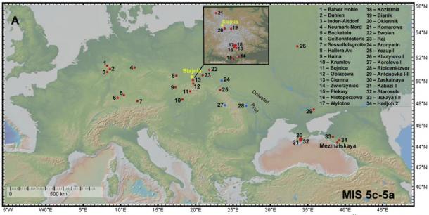 Map showing the location of Micoquian (red circles) sites in Europe and indicating specifically the location of the Stajnia Cave in Poland. (Picin, A. et. al. / Nature)