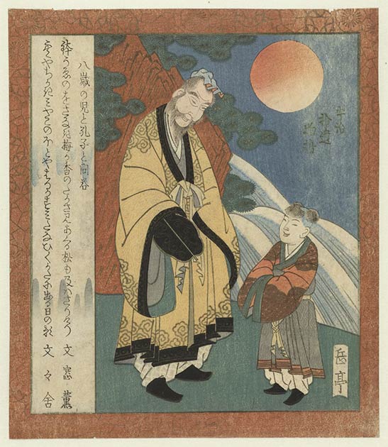 Confucius, depicted here in conversation with a little boy, was a Chinese philosopher whose ideas have influenced cultures all over the world. His disciples organized his teachings into the Analects (Rijksmuseum / CC0)