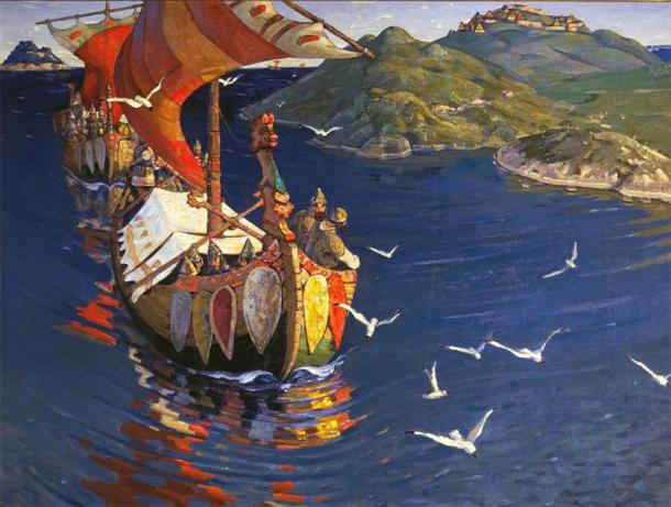 Nicholas Roerich "Guests from Overseas". From the series "Beginnings of Russia. The Slavs." 1901. (Public Domain)