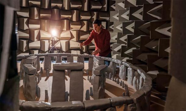 Trevor Cox, an acoustic engineer, working with a 3D scale model of Stonehenge inside a sound chamber at the University of Salford. (Acoustics Research Centre / University of Salford)