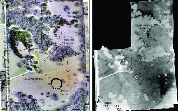 Left: Drone-acquired orthoimage of the site showing major features discussed in the paper. Right: Thermal images mosaic collected from 11:15 pm-12:15 am.
