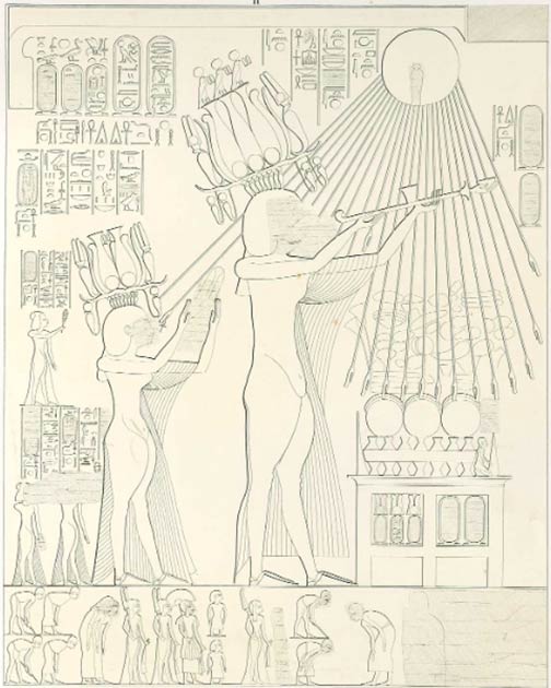 Image of Akhenaten and Nefertiti making an offering to the Aten, taken from the tomb of Panehsy in Amarna. Akhenaten and Nefertiti both wear elaborate new plumed crowns featuring sun disks, protective cobras, and ram horns. These hemhem crowns, or “Crowns of Shouting”, were associated with the joyous rising sun and rebirth, and their ram’s horns are reminiscent of modern Jewish shofar horns. (Lepsius / Public domain)