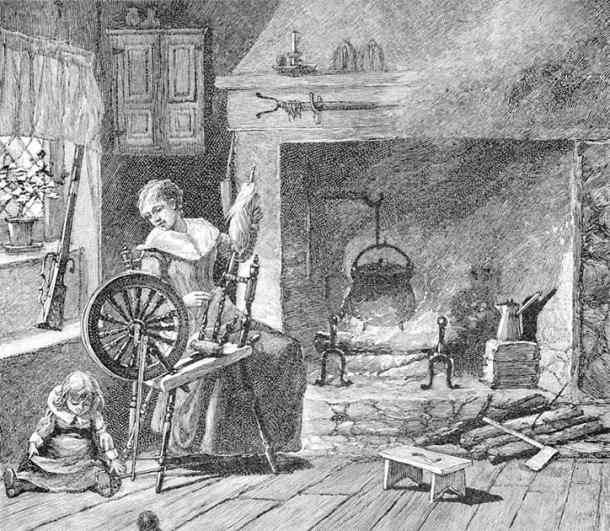 A woman Spinning in the colonial kitchen, from A Brief History of the United States by Joel Dorman Steele and Esther Baker Steele, 1885. (Public Domain)