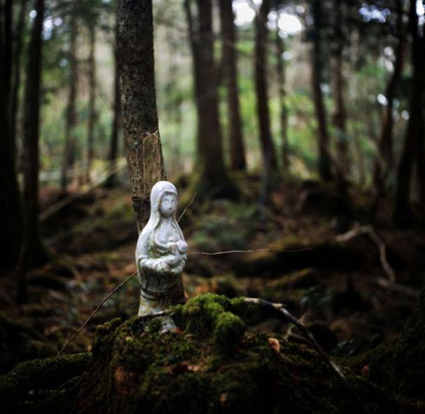 A religious figure bound to a tree in Aokigahara, where someone ended their live. Credit: Rob Gilhooly